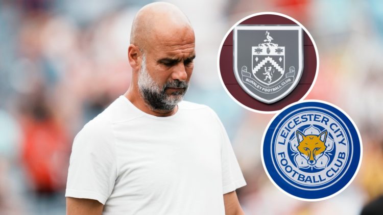 Manchester City manager Pep Guardiola with insets of Leicester City and Burnley badges