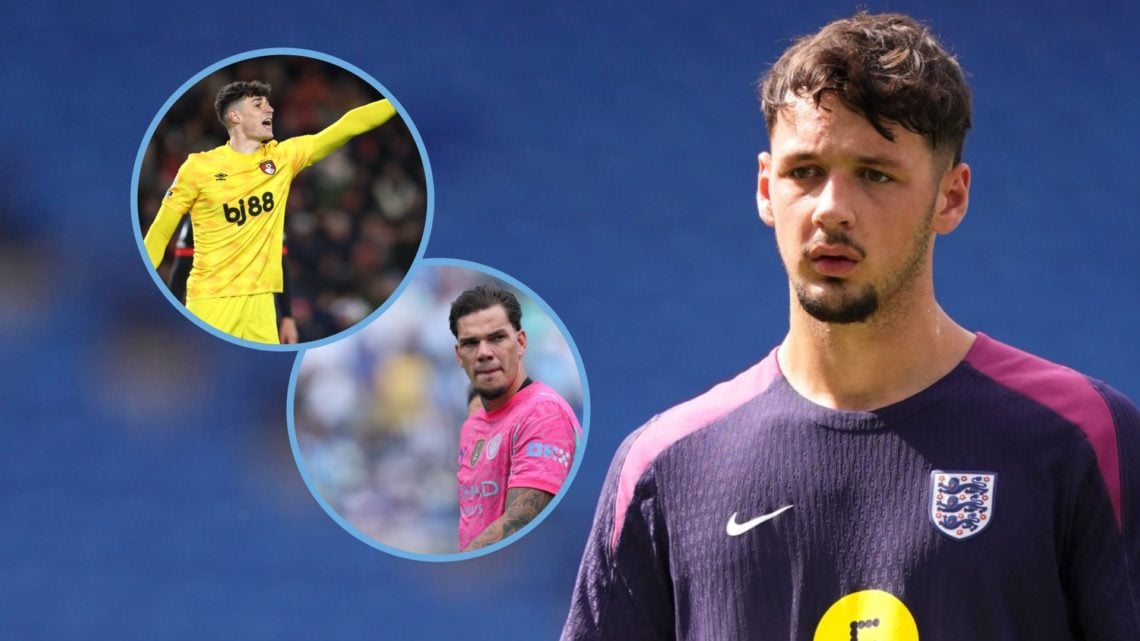 James Trafford in England training. Insets: Ederson playing for Manchester City, Kepa in action for Bournemouth.