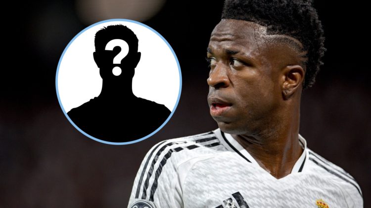 Close up photograph of Vinicius Jr in action for Real Madrid. Inset: Mystery figure.