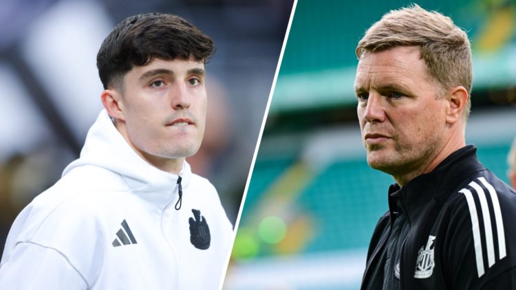 Split image: Close up of Tino Livramento (L). Newcastle manager Eddie Howe (R).