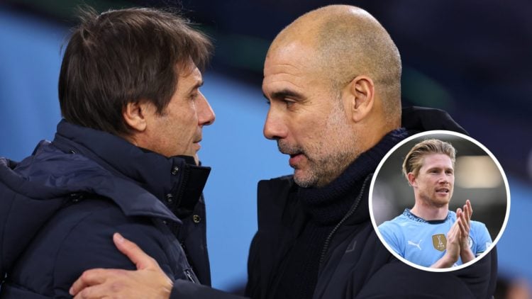 Napoli head coach Antonio Conte and Manchester City manager Pep Guardiola with inset of Kevin De Bruyne