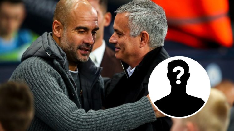Manchester City manager Pep Guardiola and Fenerbahce head coach Jose Mourinho with inset of mystery silhouette