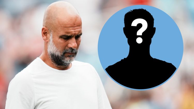 Pep Guardiola looks down in annoyance. Inset: Blue mystery figure.