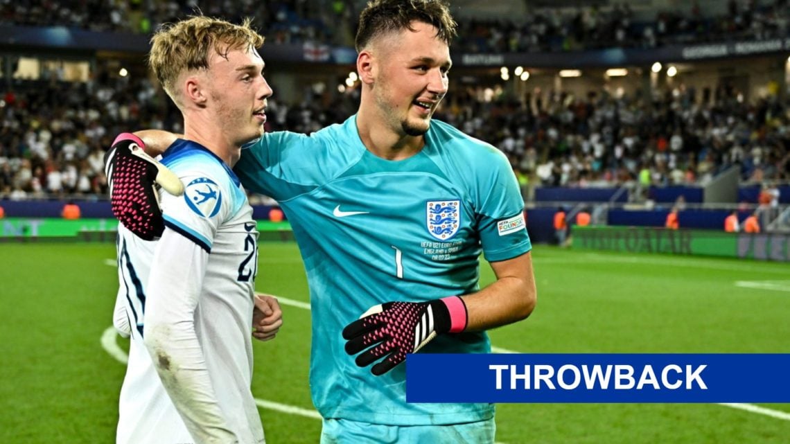 James Trafford puts his arm around Cole Palmer after England win the Under-21 Euros.