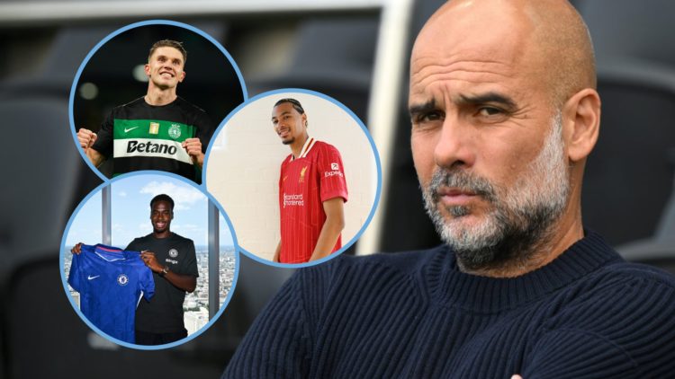 Pep Guaridola sits with his arms crossed. Insets: Viktor Gyokeres celebrates scoring for Sporting. Hugo Ekitike in a Liverpool shirt. Jamie Gittens...