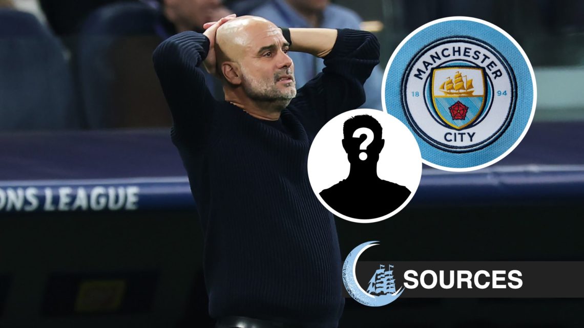 Image of Pep Guardiola looking dejected, Manchester City badge, mystery figure, MCN logo and sources tag inset