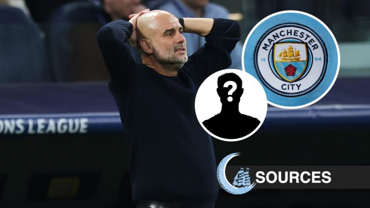 Image of Pep Guardiola looking dejected, Manchester City badge, mystery figure, MCN logo and sources tag inset