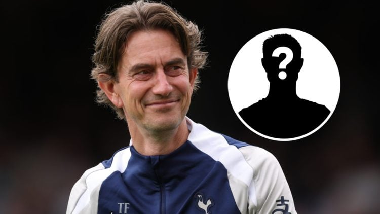 Tottenham manager Thomas Frank smiling (main image) mystery player inset (top right corner)