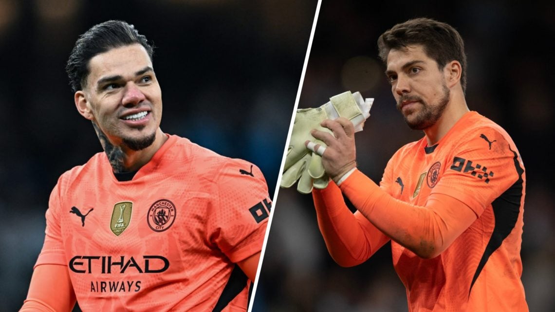 Split image - Man City goalkeeper Ederson smiling (left) Stefan Ortega clapping his hands (right)