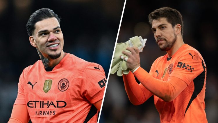 Split image - Man City goalkeeper Ederson smiling (left) Stefan Ortega clapping his hands (right)
