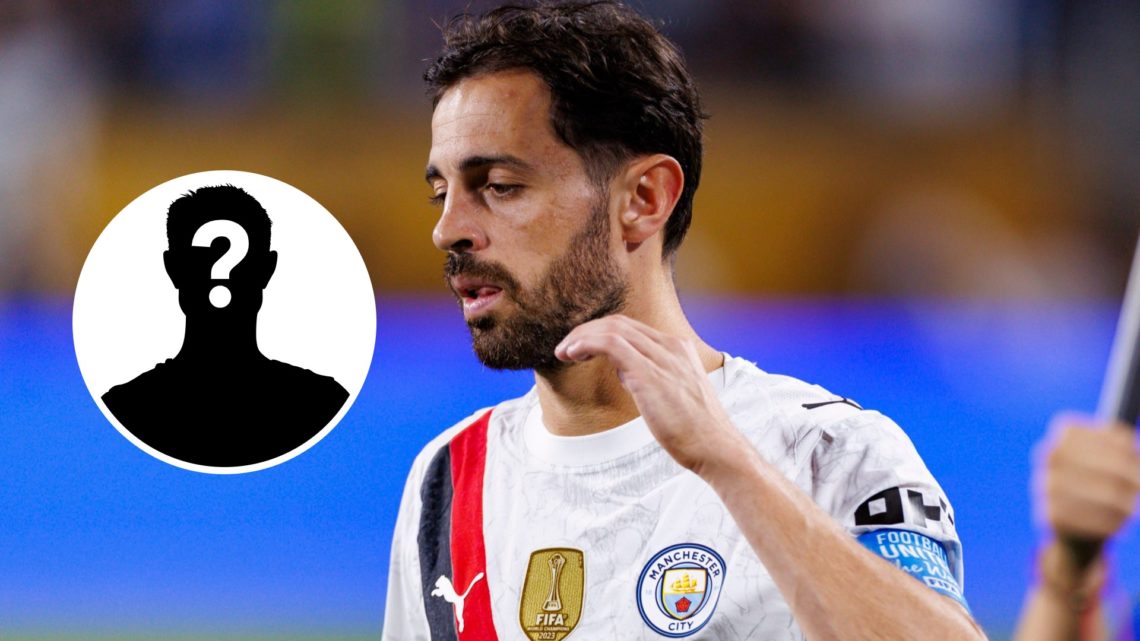 Manchester City midfielder Bernardo Silva with inset of mystery silhouette