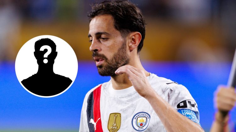 Manchester City midfielder Bernardo Silva with inset of mystery silhouette