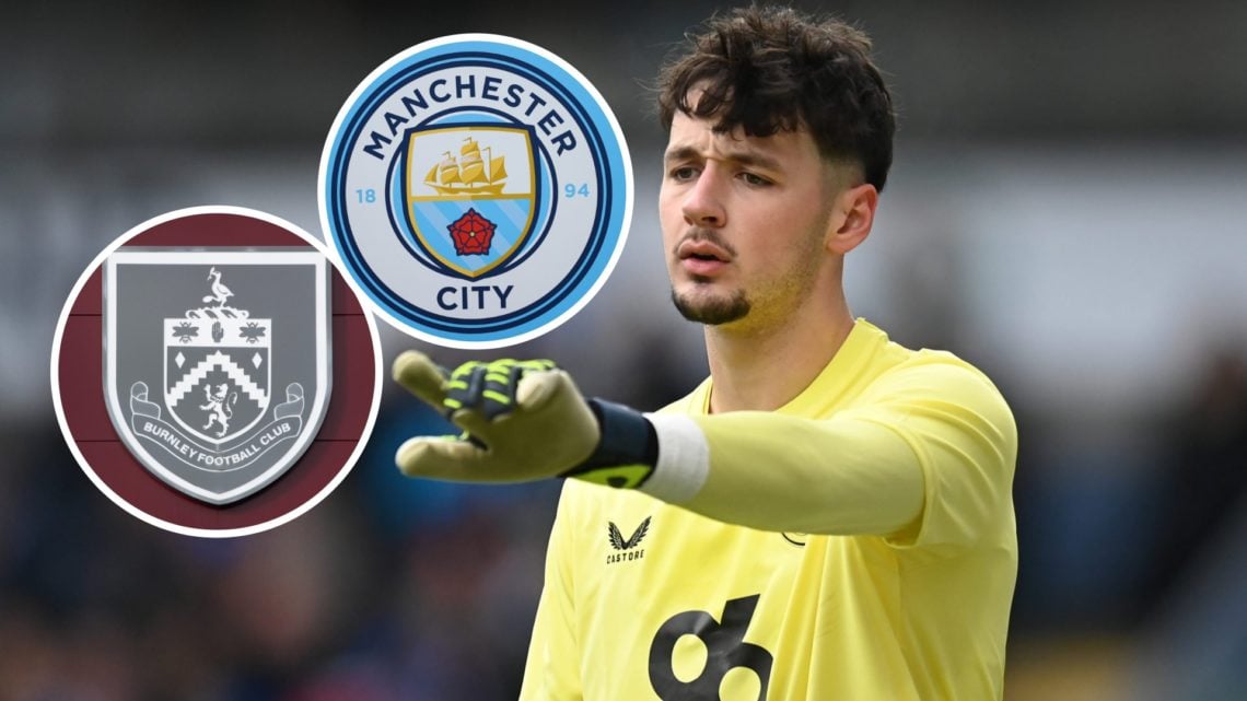 James Trafford in action for Burnley, Manchester City badge and Burnley badge inset