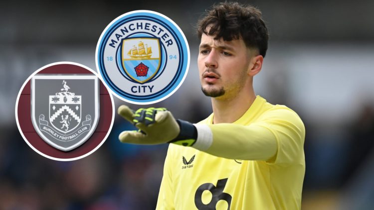 James Trafford in action for Burnley, Manchester City badge and Burnley badge inset