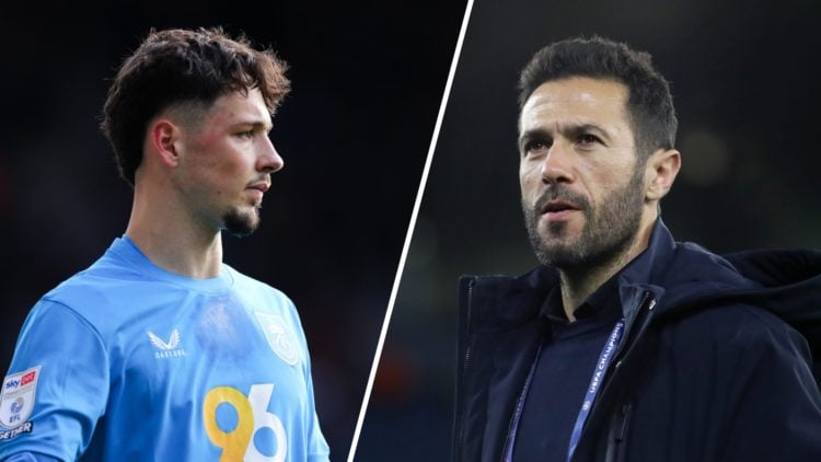 Split image - James Trafford in action for Burnley (left) close up of Hugo Viana walking into a stadium (right)