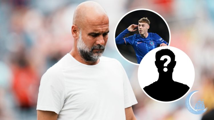 Manchester City manager Pep Guardiola with inset of Chelsea star Cole Palmer and mystery silhouette