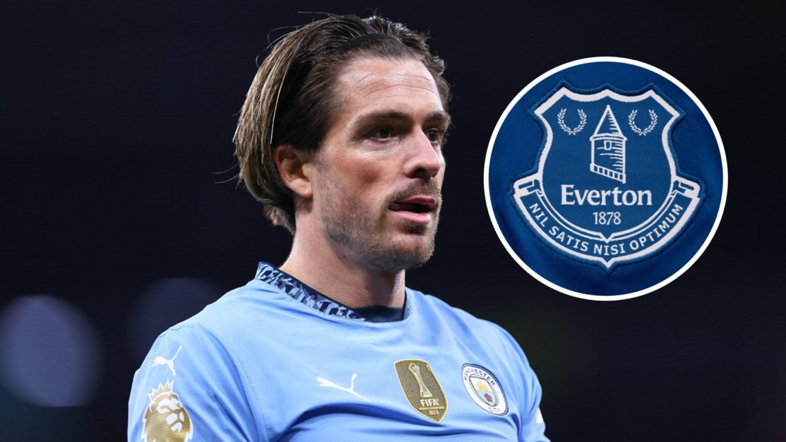 Jack Grealish in action for Man City (main image) inset of Everton badge (top right corner)