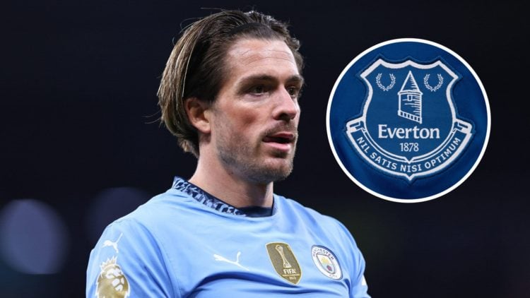 Jack Grealish in action for Man City (main image) inset of Everton badge (top right corner)