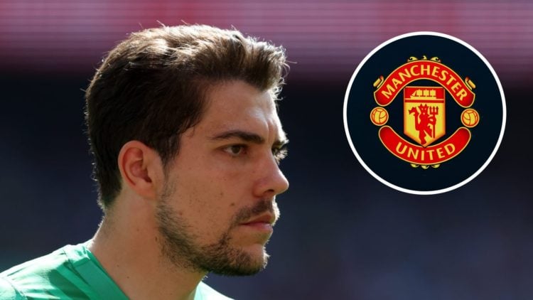 Stefan Ortega playing for Manchester City (left), Manchester United badge (inset)