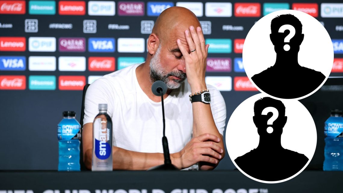 Pep Guardiola with his hand on his face during a Man City press conference (main image) mystery player inset (top right corner) a second mystery pl...
