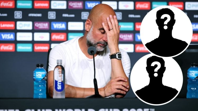 Pep Guardiola with his hand on his face during a Man City press conference (main image) mystery player inset (top right corner) a second mystery pl...