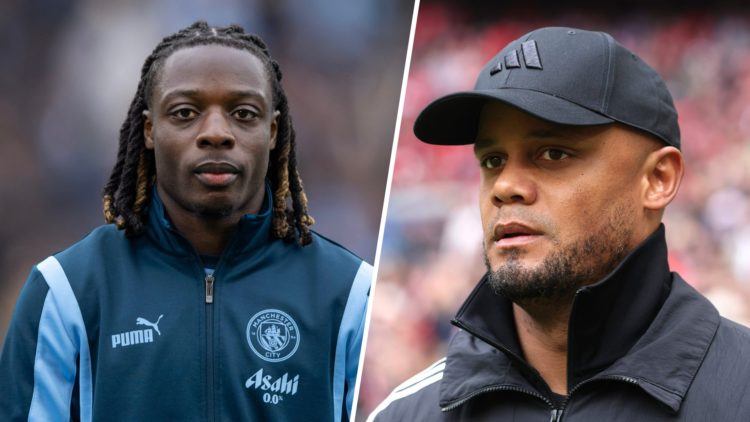 Split image - Jeremy Doku ahead of a Man City match (left) close up of Bayern Munich boss Vincent Kompany (right)