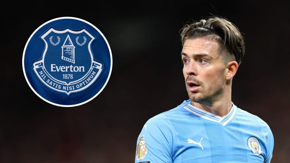 Jack Grealish playing for Manchester City (right), Everton badge (inset)