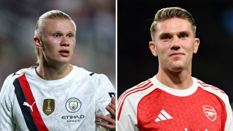 Split image - Erling Haaland with his left hand slightly raised (left) Viktor Gyokeres in an Arsenal shirt (right)