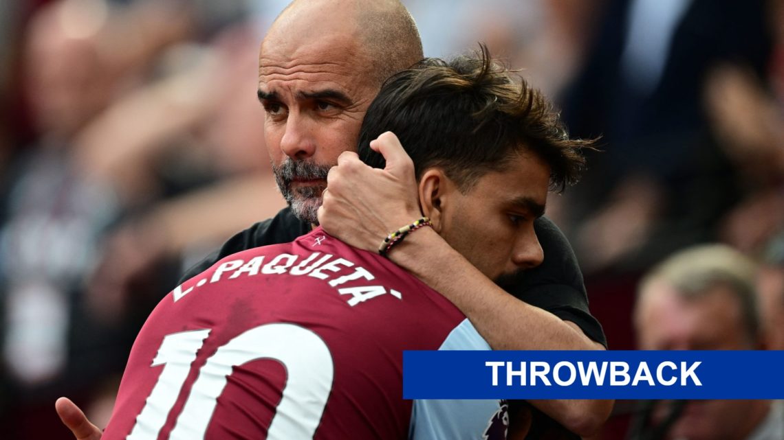 Man City manager Pep Guardiola hugs West Ham star Lucas Paqueta (main image) blue throwback banner (bottom right corner)