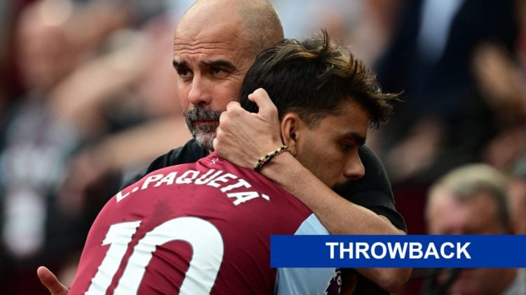 Man City manager Pep Guardiola hugs West Ham star Lucas Paqueta (main image) blue throwback banner (bottom right corner)