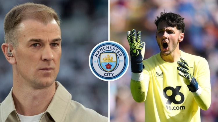 Split image of Joe Hart and James Trafford, Manchester City badge inset