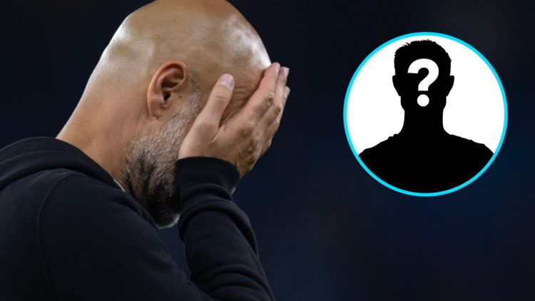 Manchester City manager Pep Guardiola puts his hand to his face (left), mystery player (inset)