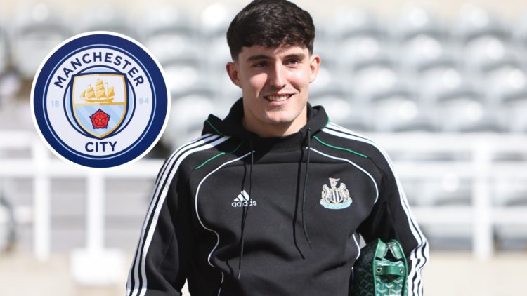 Newcastle United defender Tino Livramento with inset of Manchester City badge