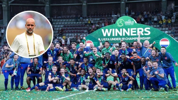 The Netherlands Under-19s team with inset of Manchester City manager Pep Guardiola