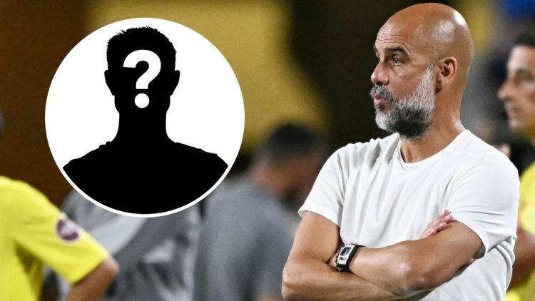 Man City manager Pep Guardiola with his arms crossed on the sideline (main image) mystery player inset (top left corner)