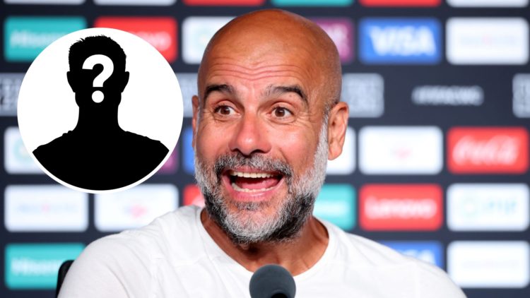 Pep Guardiola getting excited during a Man City press conference (main image) mystery player inset (top left corner)