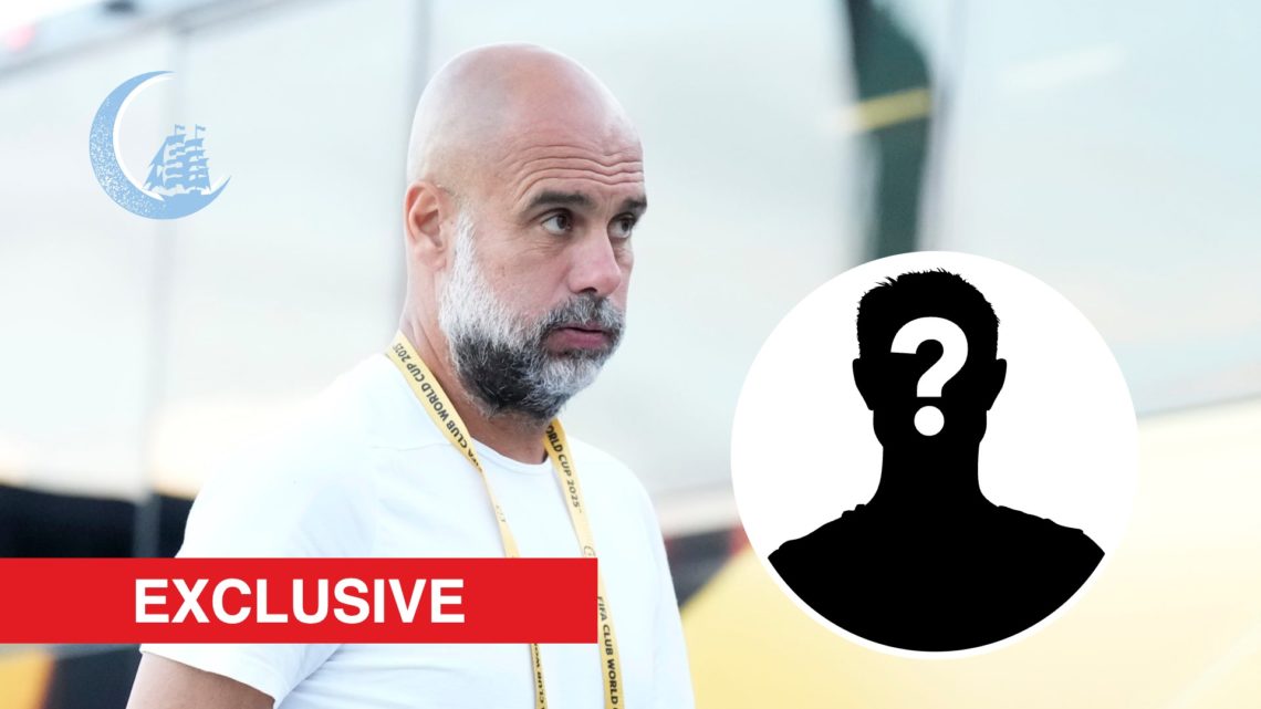 Pep Guardiola with his cheeks puffed (main image) red exclusive banner (bottom left corner) mystery player inset (bottom right corner) Manchester C...