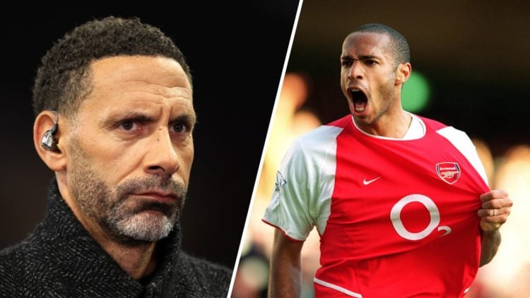 Split image - Rio Ferdinand doing punditry work (left) Thierry Henry pulling at his Arsenal shirt after a goal (right)