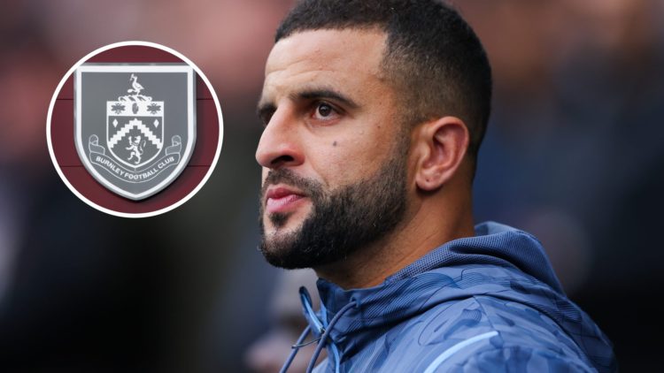 Manchester City defender Kyle Walker with inset of Burnley badge
