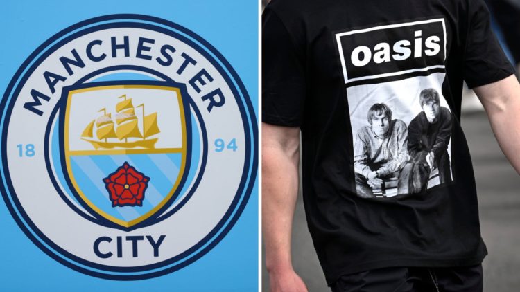 Split image of Manchester City badge and Oasis t-shirt ahead of the first gig of the Oasis reunion tour in Cardiff on 4 July 2025