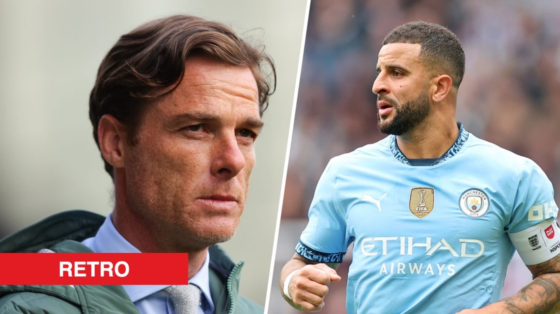 Split image - Close up of Burnley manager Scott Parker (left) Kyle Walker in action for Man City (right) red retro label (bottom left corner)