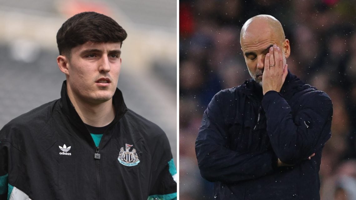Split image - close up of Tino Livramento before a Newcastle match (left) Pep Guardiola with his hand on his face (right)