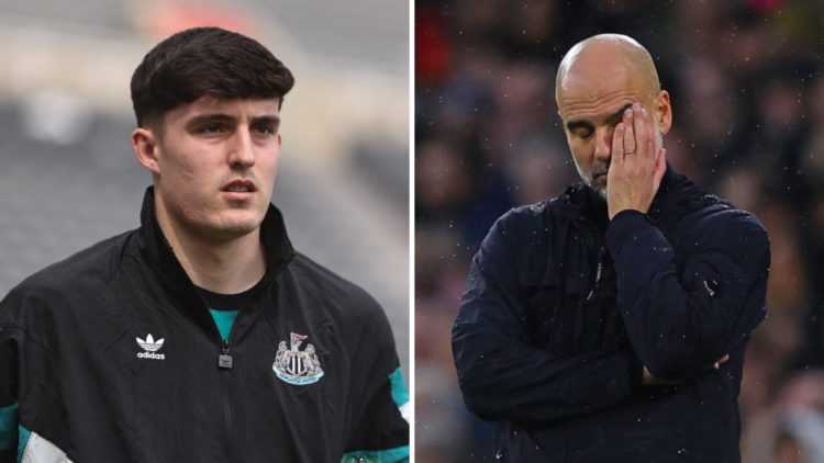 Split image - close up of Tino Livramento before a Newcastle match (left) Pep Guardiola with his hand on his face (right)
