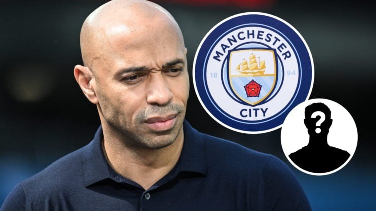 Thierry Henry watching the United States vs Canada, Manchester City badge and mystery figure inset