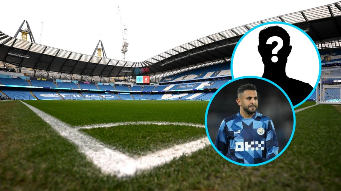 A general view of the Etihad Stadium (central), Riyad Mahrez warming up for Manchester City (lower inset), mystery player (upper inset)