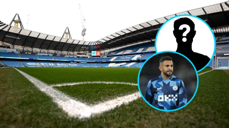 A general view of the Etihad Stadium (central), Riyad Mahrez warming up for Manchester City (lower inset), mystery player (upper inset)