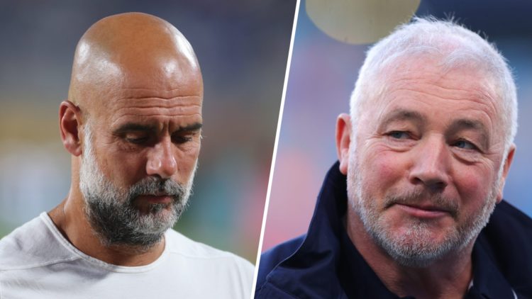 Split image - Pep Guardiola looks downbeat after Man City defeat (left) Ally McCoist with a smirk on his face (right)