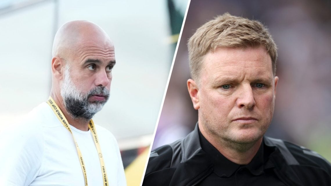 Split image - Pep Guardiola with his cheeks puffed (left) close up of Newcastle boss Eddie Howe (right)