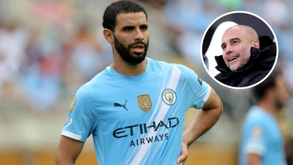 Manchester City full-back Rayan Ait-Nouri with inset of Pep Guardiola