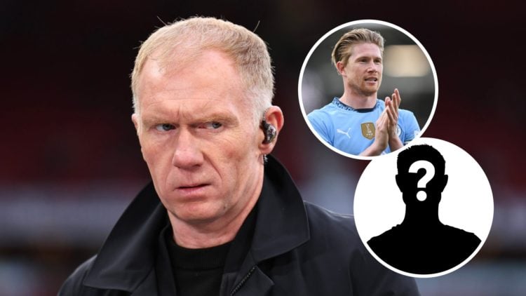 Paul Scholes looking serious as a pundit (main image) inset of Kevin De Bruyne clapping his hands (top right corner) mystery player inset (bottom r...